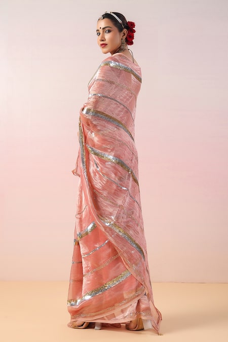 Ruar India Peach Sequin Striped Embroidered Saree Set 