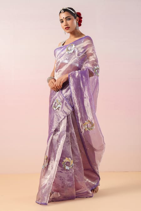 Ruar India_Purple Silk, Tissue Sequins Round Neck Hawa Mahal Embroidered Saree And Blouse _Online_at_Aza_Fashions