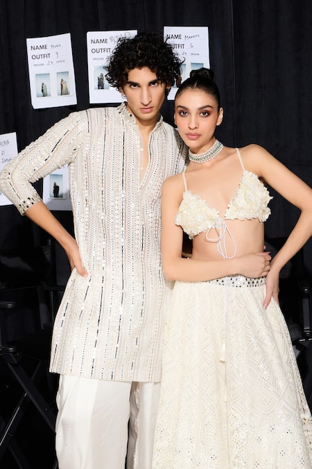 Shop Twenty Nine Ivory Net Mirrors, Sequins Embroidered Kurta Set Online at Aza Fashions Shop_Twenty Nine_Ivory Net Mirrors, Sequins Embroidered Kurta Set _Online_at_Aza_Fashions