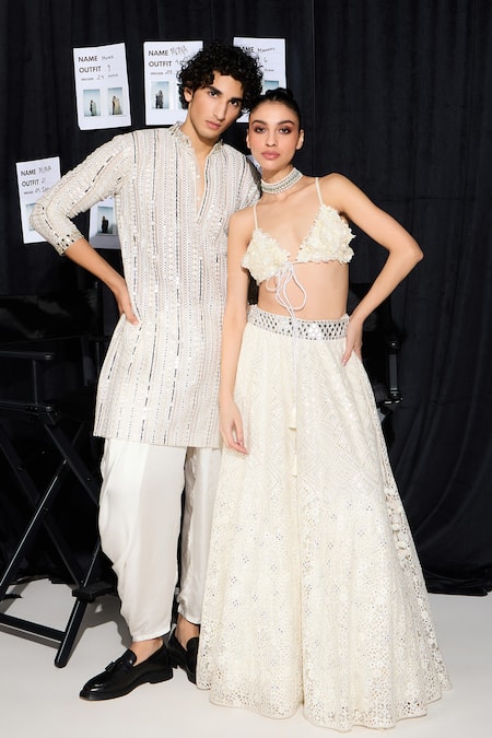 Twenty Nine Ivory Net Mirrors, Sequins Embroidered Kurta Set at Aza Fashions Twenty Nine_Ivory Net Mirrors, Sequins Embroidered Kurta Set _at_Aza_Fashions