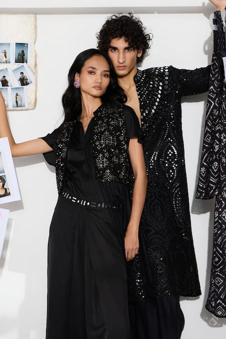 Buy_Twenty Nine_Black Georgette Mirrors Embroidered Kurta And Dhoti Pant Set _Online_at_Aza_Fashions