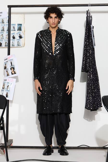 Shop_Twenty Nine_Black Georgette Mirrors Embroidered Kurta And Dhoti Pant Set _Online_at_Aza_Fashions