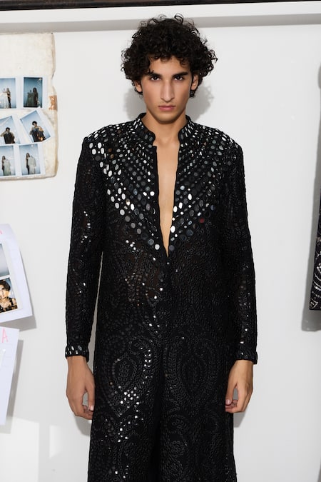 Twenty Nine_Black Georgette Mirrors Embroidered Kurta And Dhoti Pant Set _at_Aza_Fashions