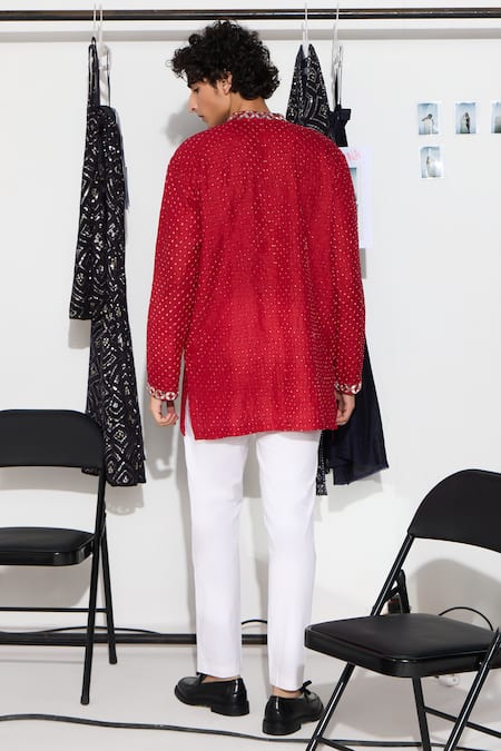 Shop_Twenty Nine_Red Silk, Cotton Mirrors Embroidered Kurta Set _at_Aza_Fashions