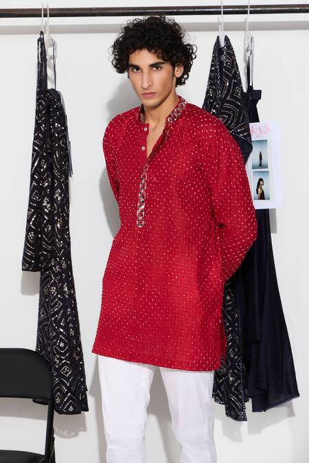 Buy_Twenty Nine_Red Silk, Cotton Mirrors Embroidered Kurta Set _Online_at_Aza_Fashions