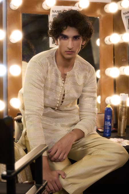 Shop_Twenty Nine_Beige Chanderi Embroidery Zari Kurta And Pant Set _Online_at_Aza_Fashions