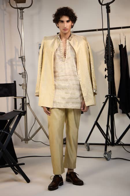 Shop Twenty Nine Beige Brocade Mirrors Embroidered Bandhgala Jacket at Aza Fashions Shop_Twenty Nine_Beige Brocade Mirrors Embroidered Bandhgala Jacket _at_Aza_Fashions