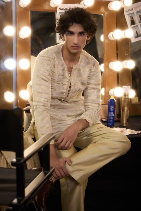 Twenty Nine Beige Brocade Mirrors Embroidered Bandhgala Jacket Online at Aza Fashions Twenty Nine_Beige Brocade Mirrors Embroidered Bandhgala Jacket _Online_at_Aza_Fashions