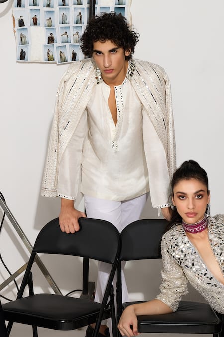 Twenty Nine_Off White Mohair Mirrors, Sequins Embroidered Kurta And Pant Set _Online_at_Aza_Fashions