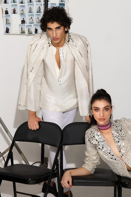 Twenty Nine_Off White Net Mirrors Embroidered Bandhgala Jacket _Online_at_Aza_Fashions