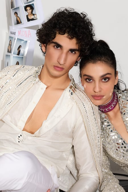 Buy_Twenty Nine_Off White Net Mirrors Embroidered Bandhgala Jacket _Online_at_Aza_Fashions