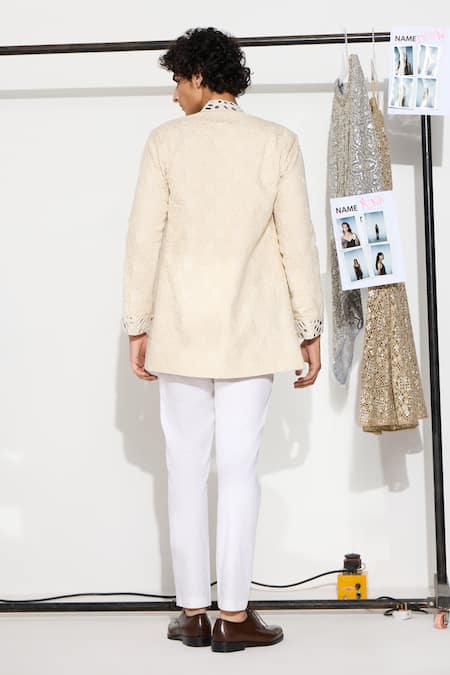 Shop Twenty Nine Beige Chiffon Mirrors, Embroidery Chikankari Bandhgala Jacket at Aza Fashions Shop_Twenty Nine_Beige Chiffon Mirrors, Embroidery Chikankari Bandhgala Jacket _at_Aza_Fashions