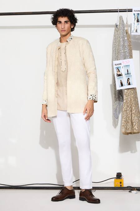 Twenty Nine Beige Chiffon Mirrors, Embroidery Chikankari Bandhgala Jacket Online at Aza Fashions Twenty Nine_Beige Chiffon Mirrors, Embroidery Chikankari Bandhgala Jacket _Online_at_Aza_Fashions