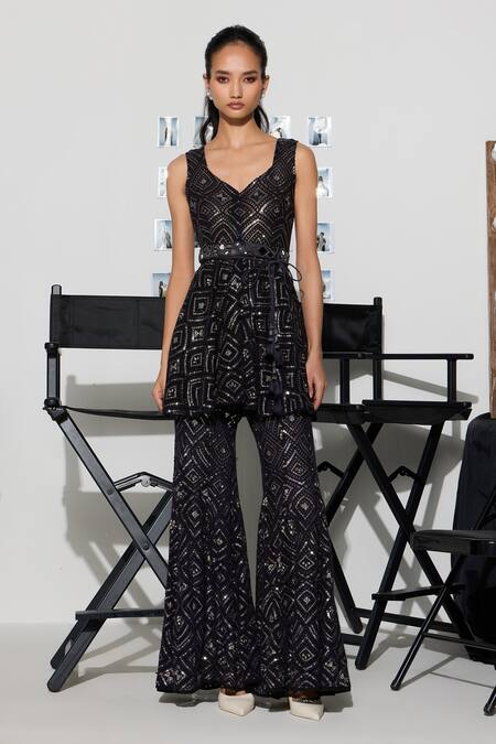 Twenty Nine Blue Net Lace, Mirrors, Beads Asymmetric Indigo Hand Embroidered Peplum Tunic Online at Aza Fashions Twenty Nine_Blue Net Lace, Mirrors, Beads Asymmetric Indigo Hand Embroidered Peplum Tunic _Online_at_Aza_Fashions