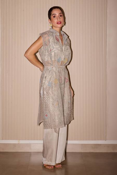 Twenty Nine Ivory Tulle Embroidery Trench Coat Online at Aza Fashions Twenty Nine_Ivory Tulle Embroidery Trench Coat _Online_at_Aza_Fashions