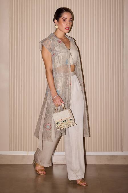 Shop Twenty Nine Ivory Tulle Embroidery Trench Coat Online at Aza Fashions Shop_Twenty Nine_Ivory Tulle Embroidery Trench Coat _Online_at_Aza_Fashions