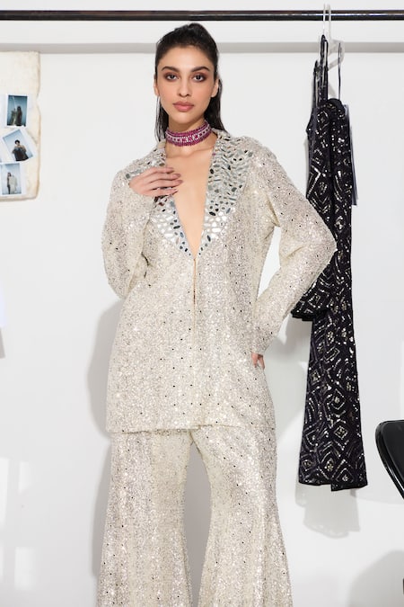 Twenty Nine_Silver Tulle Sequins, Beads, Mirrors Hand Embroidered Blazer Jacket _Online_at_Aza_Fashions