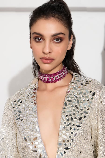 Shop_Twenty Nine_Silver Tulle Sequins, Beads, Mirrors Hand Embroidered Blazer Jacket _Online_at_Aza_Fashions