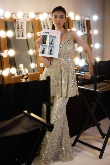 Twenty Nine_Silver Tulle Mirrors, Beads Round Neck Hexagon Hand Embroidered Peplum Tunic _Online_at_Aza_Fashions