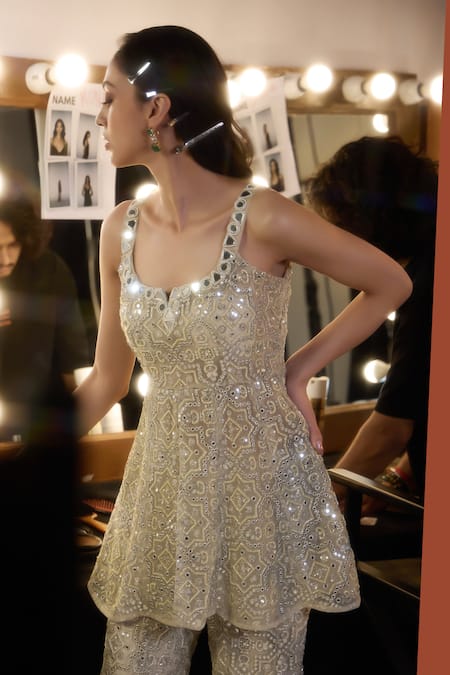 Buy_Twenty Nine_Silver Tulle Mirrors, Beads Round Neck Hexagon Hand Embroidered Peplum Tunic _Online_at_Aza_Fashions