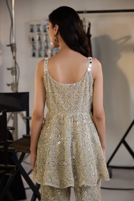 Shop_Twenty Nine_Silver Tulle Mirrors, Beads Round Neck Hexagon Hand Embroidered Peplum Tunic _Online_at_Aza_Fashions