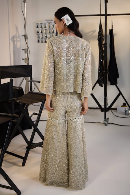 Shop_Twenty Nine_Silver Tulle Beads, Mirrors Open Neck Hexagon Jacket _at_Aza_Fashions