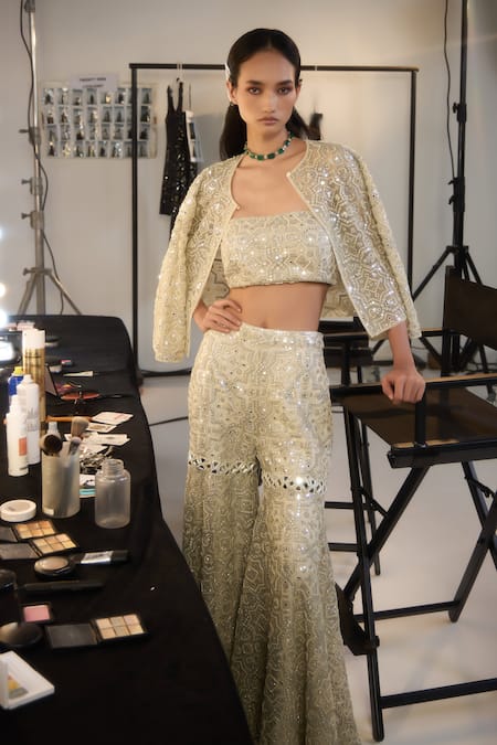 Twenty Nine_Silver Tulle Beads, Mirrors Open Neck Hexagon Jacket _Online_at_Aza_Fashions