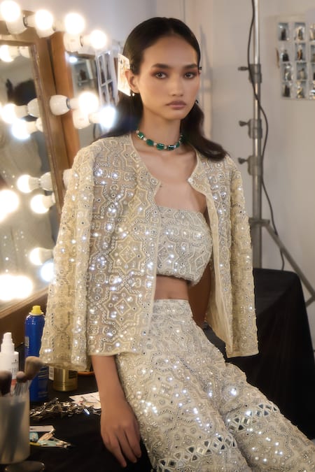 Shop_Twenty Nine_Silver Tulle Beads, Mirrors Open Neck Hexagon Jacket _Online_at_Aza_Fashions