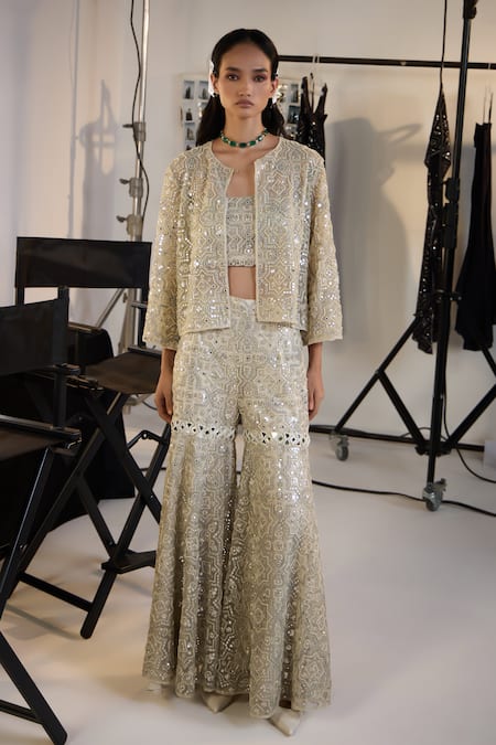 Twenty Nine_Silver Tulle Beads, Mirrors Open Neck Hexagon Jacket _at_Aza_Fashions