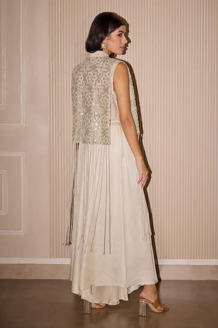 Shop Twenty Nine Silver Cotton, Silk Tie-up Neck Shirt at Aza Fashions Shop_Twenty Nine_Silver Cotton, Silk Tie-up Neck Shirt _at_Aza_Fashions