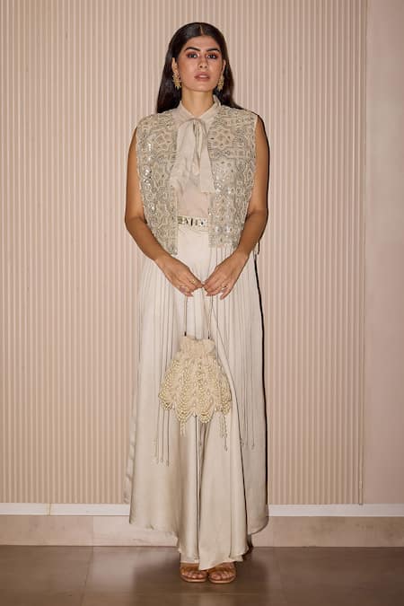 Twenty Nine Silver Cotton, Silk Tie-up Neck Shirt Online at Aza Fashions Twenty Nine_Silver Cotton, Silk Tie-up Neck Shirt _Online_at_Aza_Fashions