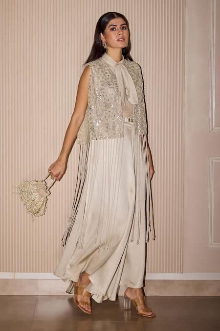 Shop Twenty Nine Silver Cotton, Silk Tie-up Neck Shirt Online at Aza Fashions Shop_Twenty Nine_Silver Cotton, Silk Tie-up Neck Shirt _Online_at_Aza_Fashions