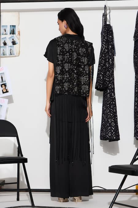 Shop Twenty Nine Black Net Beads, Tassels, Lace Open Neck Floral Embroidered Overlay Jacket at Aza Fashions Shop_Twenty Nine_Black Net Beads, Tassels, Lace Open Neck Floral Embroidered Overlay Jacket _at_Aza_Fashions