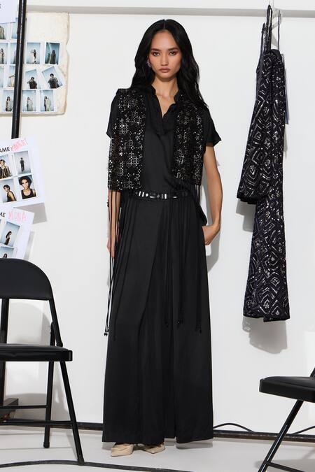 Buy Twenty Nine Black Net Beads, Tassels, Lace Open Neck Floral Embroidered Overlay Jacket Online at Aza Fashions Buy_Twenty Nine_Black Net Beads, Tassels, Lace Open Neck Floral Embroidered Overlay Jacket _Online_at_Aza_Fashions