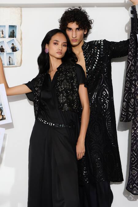 Shop Twenty Nine Black Net Beads, Tassels, Lace Open Neck Floral Embroidered Overlay Jacket Online at Aza Fashions Shop_Twenty Nine_Black Net Beads, Tassels, Lace Open Neck Floral Embroidered Overlay Jacket _Online_at_Aza_Fashions