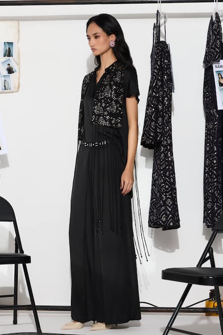 Twenty Nine Black Net Beads, Tassels, Lace Open Neck Floral Embroidered Overlay Jacket at Aza Fashions Twenty Nine_Black Net Beads, Tassels, Lace Open Neck Floral Embroidered Overlay Jacket _at_Aza_Fashions