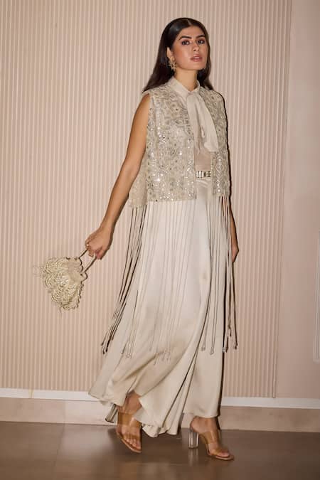 Shop_Twenty Nine_Silver Tulle Mirrors, Beads Open Neck Hand Embroidered Short Jacket _at_Aza_Fashions