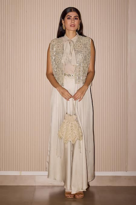 Twenty Nine_Silver Tulle Mirrors, Beads Open Neck Hand Embroidered Short Jacket _Online_at_Aza_Fashions