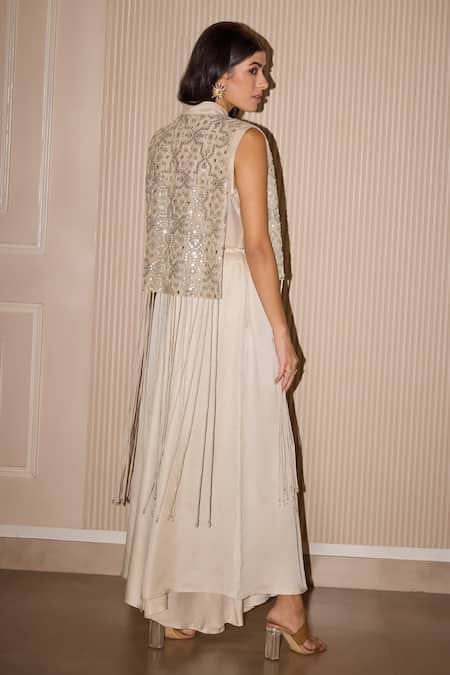 Shop_Twenty Nine_Silver Tulle Mirrors, Beads Open Neck Hand Embroidered Short Jacket _Online_at_Aza_Fashions