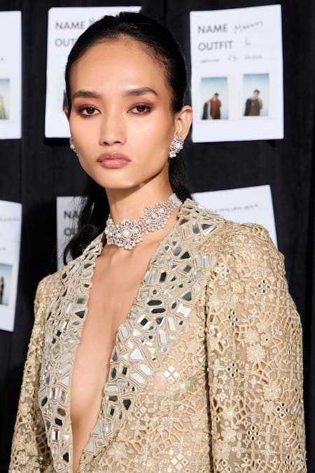 Twenty Nine_Beige Net Mirrors, Sequins, Beads Hand Embroidered Blazer Jacket _Online_at_Aza_Fashions