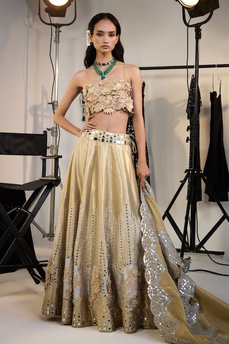 Shop Twenty Nine Gold Chanderi Embroidery Hand 3d Flower Bustier at Aza Fashions Shop_Twenty Nine_Gold Chanderi Embroidery Hand 3d Flower Bustier _at_Aza_Fashions