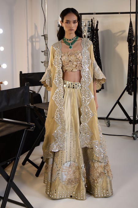 Twenty Nine Gold Chanderi Embroidery Hand 3d Flower Bustier Online at Aza Fashions Twenty Nine_Gold Chanderi Embroidery Hand 3d Flower Bustier _Online_at_Aza_Fashions