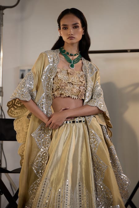 Buy Twenty Nine Gold Chanderi Embroidery Hand 3d Flower Bustier Online at Aza Fashions Buy_Twenty Nine_Gold Chanderi Embroidery Hand 3d Flower Bustier _Online_at_Aza_Fashions