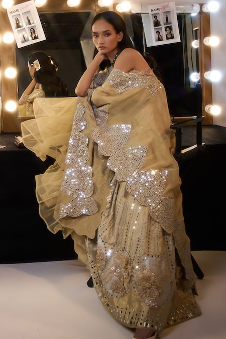 Twenty Nine_Gold Applique Mirror Embroidered Cape _at_Aza_Fashions