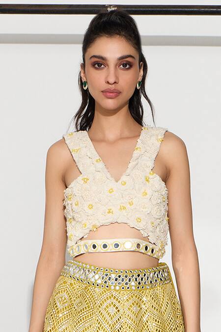 Twenty Nine Ivory Chanderi Fabric Flowers V-neck 3d Floral Hand Embroidered Bustier Online at Aza Fashions Twenty Nine_Ivory Chanderi Fabric Flowers V-neck 3d Floral Hand Embroidered Bustier _Online_at_Aza_Fashions