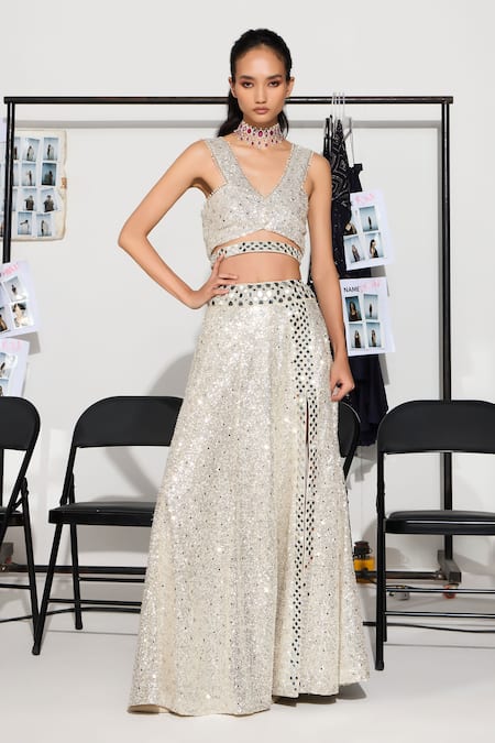 Shop_Twenty Nine_Silver Tulle Sequins, Beads, Mirrors V-neck Hand Embroidered Bustier _Online_at_Aza_Fashions