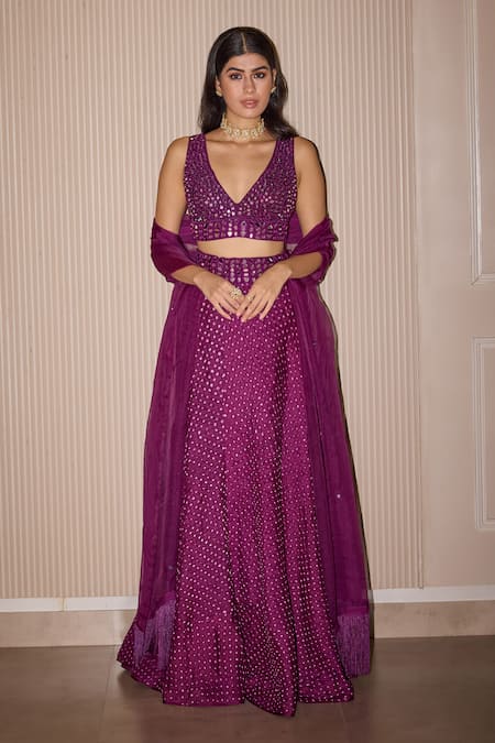 Twenty Nine_Purple Crepe Mirrors V-neck Hand Embroidered Bustier _at_Aza_Fashions