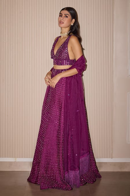 Buy_Twenty Nine_Purple Crepe Mirrors V-neck Hand Embroidered Bustier 