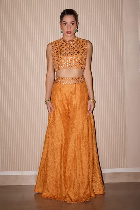 Buy_Twenty Nine_Orange Crepe Mirrors High Neck Embroidered Bustier 