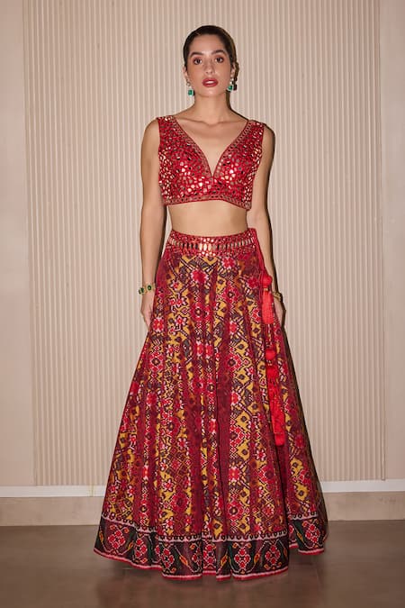 Shop Twenty Nine Red Silk Mirrors Asymmetric Hand Embroidered Bustier at Aza Fashions Shop_Twenty Nine_Red Silk Mirrors Asymmetric Hand Embroidered Bustier _at_Aza_Fashions